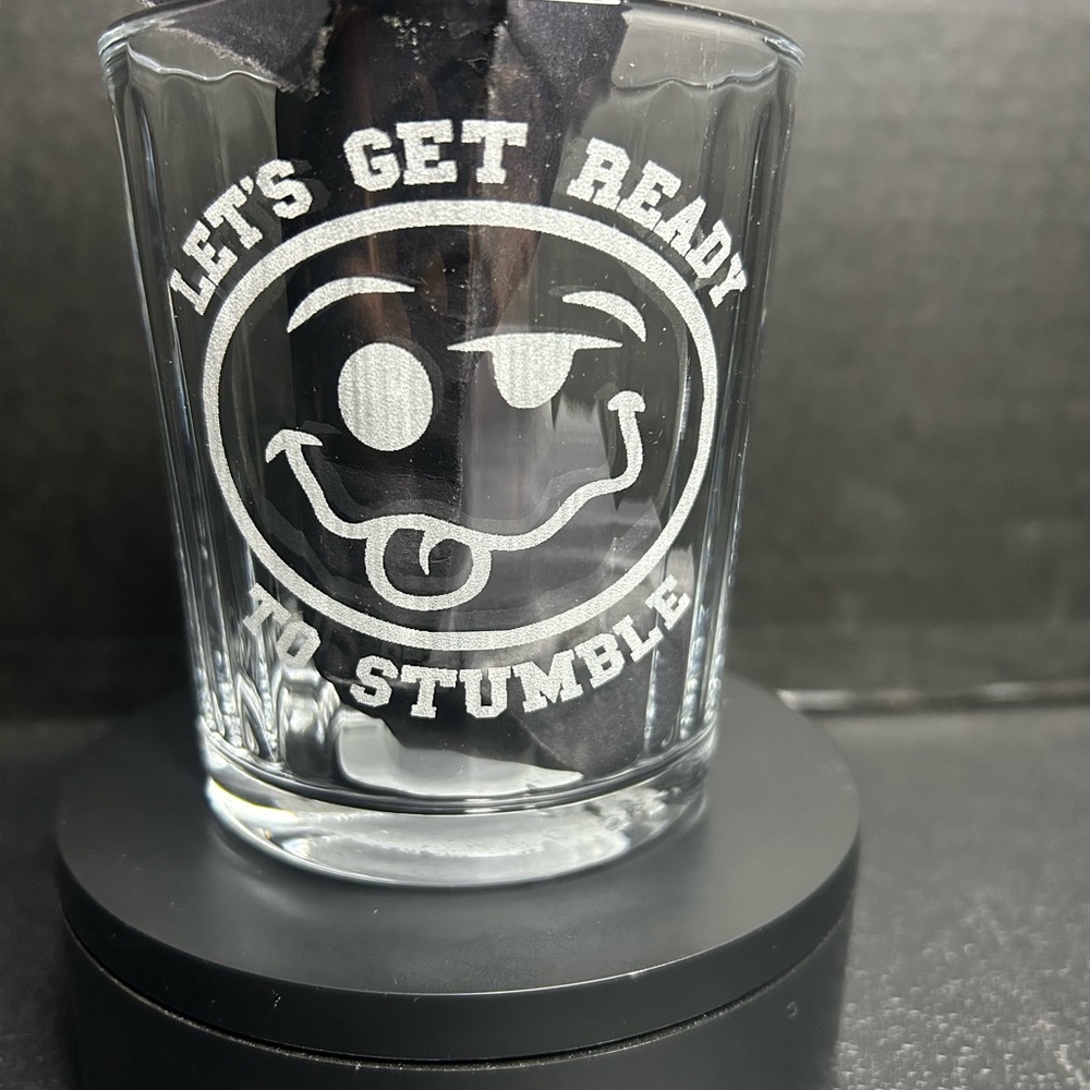 Clear Whiskey Glass with Fun Graphic & Text.
